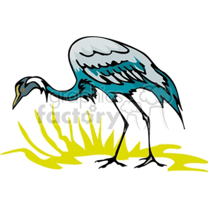 A clipart illustration of a bird, possibly a crane or heron, standing over grass. The bird has a sleek body with blue and white feathers, long legs, and a downward pointed beak.