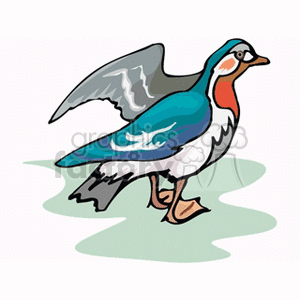 A colorful clipart image of a bird with blue and white feathers, orange patches on the head and neck, and standing on a light green surface.