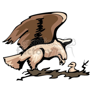 Clipart image of a large eagle with outstretched wings standing over a nest with a baby eagle.