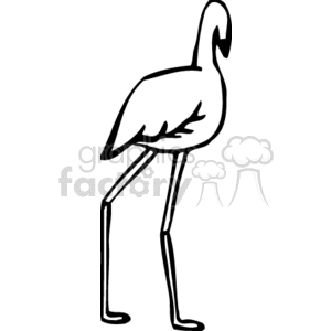 A simple black and white clipart illustration of a flamingo standing on one leg.