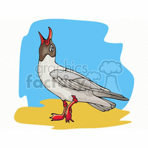 A clipart image of a bird standing on yellow ground with a blue background. The bird has a white body, brown head, red beak, and red legs.