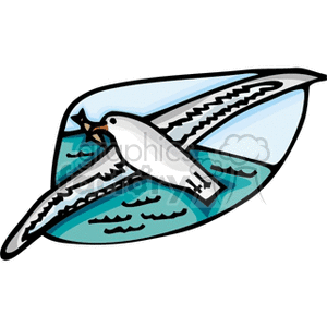 A clipart image of a seagull flying over the ocean with waves visible in the background.
