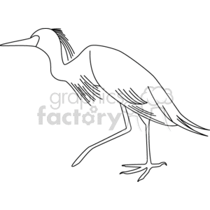 A black and white clipart image of a heron-like bird, standing on one leg with its neck extended forward.