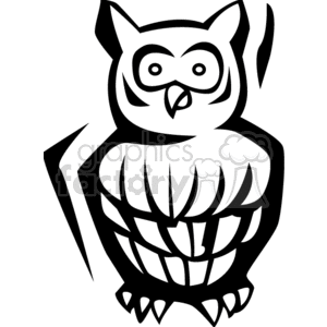 This is a black and white vector clipart image of an owl with a simple design. The owl has exaggerated eyes and a stylized body, creating a bold and abstract look.