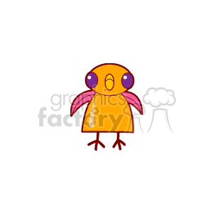 A colorful cartoon bird with large eyes, an orange body, pink wings, and red legs, standing upright in a simplistic and playful style.