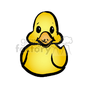 The clipart image shows a yellow rubber ducky, which is a stylized representation of a duck. The rubber ducky is often associated with bath time play for children and is a popular toy in various cultures. This one has a prominent beak, wide eyes, and a typical rounded duck shape.