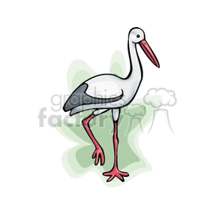 A clipart image of a white stork with a long red beak and red legs, standing on one leg against a subtle green background.