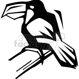 A black and white vector clipart image of a bird perched on a branch.