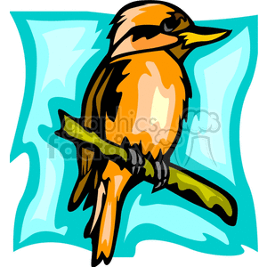 A colorful clipart image of an orange and black bird perched on a green branch with a light blue abstract background.