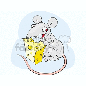 The clipart image features a cartoon mouse with a piece of Swiss cheese. The mouse is grey, with large ears, a long pink tail, and a happy expression. The cheese is yellow with holes typical of Swiss cheese.