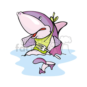 The clipart image features a cartoon shark dressed in clothing, holding a fork and knife, and appearing to be ready to eat a small fish. The shark is on a blue background suggesting water.