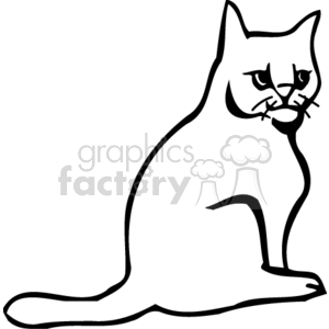 This is a simple black and white line drawing of a domestic cat. The cat is sitting with its tail extended outward, and is facing slightly to the side. It has prominent whiskers and alert eyes, which are typical traits of a cat.