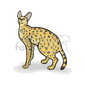 The image shows a stylized clipart of a cat. The cat is standing with its body turned to the side while its head faces forward. It has a prominent spotted pattern over its fur, resembling a wild cat breed such as an ocelot or a small leopard, though the artistic style is not realistic. The spots are black, and the cat's base fur color is a yellowish-tan. It has a long tail with a black tip. The cat's ears are upright and pointy. There is a slight shadow under the cat, giving it a grounded appearance on the white background.
