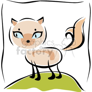   The image is a simplified, stylized depiction of a cat. The cat has a beige and light brown color scheme, with distinct markings on its face, tail, and body. It is standing on what looks like a patch of green ground, possibly grass. The feline has large blue eyes and a small, petite figure, indicating it may represent a kitten or a small cat breed. The style is cartoon-like, suitable for children