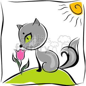 The clipart image features a gray stylized cartoon cat with a prominent nose and bright green eyes, sitting on a green hill. The cat appears to be sniffing or looking at a pink flower with interest. In the background, there's a simplified yellow sun in the top right corner, and the image is framed with a loosely drawn black border.
