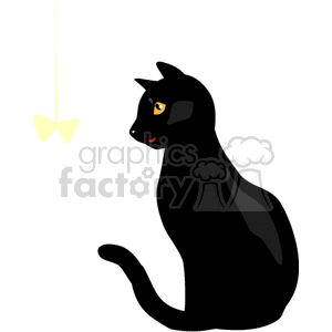 The clipart image displays a black cat sitting and looking at a yellow toy hanging from above. The cat's features are simplified, with notable bright eyes and a sleek silhouette.