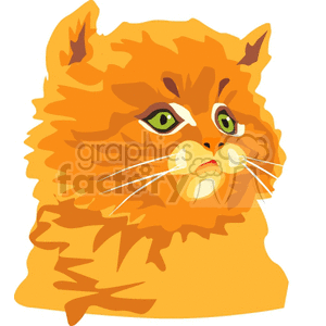 The clipart image depicts an orange feline with a fluffy fur texture. The cat has prominent green eyes, white whiskers, and a somewhat pensive or concerned expression.