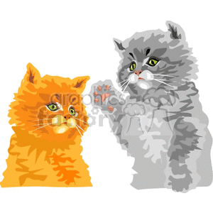 The image shows two cartoon cats with stylized features. On the left, there is an orange cat facing slightly to the right with a focused expression. On the right, a fluffy grey cat is standing with one paw raised, as if in a playful or curious gesture. Both cats are depicted with large, expressive eyes and whiskers, but the illustration is simple and lacks detailed backgrounds or context.