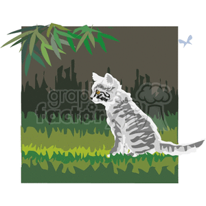 The clipart image depicts a stylized portrayal of a cat sitting on grass, with foliage in the background. The cat has a grey and white striped pattern, and a keen, attentive expression on its face as if observing something in the distance. There is a hint of a bird in the sky to the top right corner. The style of the image suggests it might be used for a decorative purpose or as part of educational material related to cats.