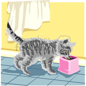 The clipart image shows a grey striped cat eating from a pink bowl on a blue-tiled floor, with a cream-colored wall and a partially shown window with a white curtain in the background.