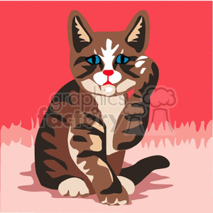 This clipart image features a stylized depiction of a brown tabby cat with distinctive markings and blue eyes. The cat is seated, and it appears to be licking or grooming its paw.