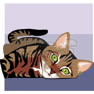 This clipart image features a cartoon of a brown tabby cat lying on its side. The cat has distinctive tabby markings, white facial features, green eyes, and appears relaxed or playful.