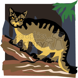 The clipart image features a stylized representation of a cat. The cat appears to be standing with its body arched on some logs or wooden planks, and behind it, there is what seems to be a hint of foliage, possibly a palm leaf, suggesting an outdoor or jungle-like setting.