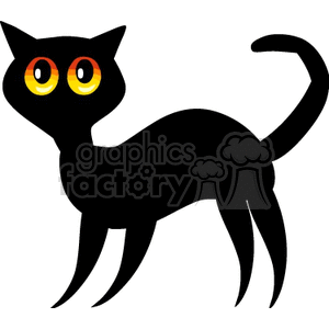 The clipart image features a stylized black cat with prominent yellow eyes with red pupils. The cat is standing with its tail curved upwards, which is typical of a cat's body language when it's alert or interested in something. This kind of image is often associated with Halloween due to the superstitions surrounding black cats and their association with witchcraft and the supernatural.