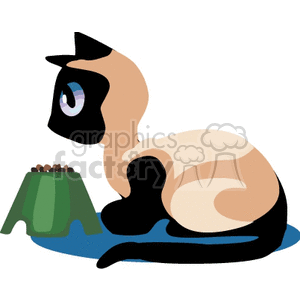 The clipart image depicts a cartoon of a Siamese cat sitting and looking back over its shoulder. The cat has a cream body with darker points on its ears, paws, and tail. It has large blue eyes and appears to be sitting next to a green bowl filled with cat food, placed on a blue mat.