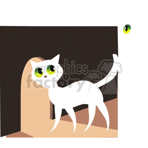 The image is a simple clipart illustration showing a white cat with large green eyes standing and looking curiously towards an off-screen interest point. The background is divided into two sections, one darker and one lighter, resembling walls or corners of a room. A small ball with an eye symbol is floating in the air, possibly meant to represent a toy or an abstract element in the background.