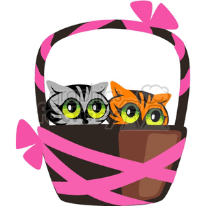 The clipart image depicts two cartoon cats inside a woven basket. The basket is decorated with pink ribbons tied into bows at both sides. One cat has grey fur with stripes and large green eyes, while the other is orange with stripes and similarly large green eyes. Both cats appear to peer over the edge of the basket, which gives an impression of cuteness and can suggest a gift or surprise.