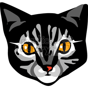 The image is a clipart of a cat's face. The cat appears to have a striped pattern on its fur, which could suggest it is a tabby. It has prominent yellow eyes and distinct whiskers.