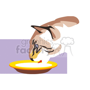 This clipart image features a stylized illustration of a cat drinking or eating from a small plate or bowl. The cat appears to be focused on its meal with an eager expression.