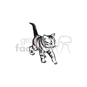   The image is a clipart of a kitten. It is a stylized, black and white illustration that shows a walking cat with stripes, possibly representing a common tabby pattern. The cat appears to be in an alert stance with its tail up, perhaps attentive or curious about something. Since it