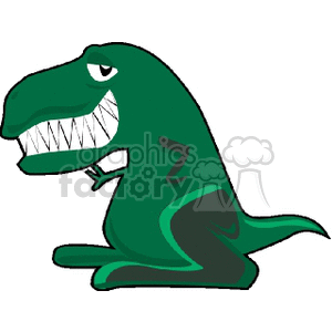 The clipart image depicts a stylized, cartoonish representation of a Tyrannosaurus rex, commonly known as a T-rex. This dinosaur is shown in a simplified and humorous form, with an exaggerated head, a wide grin full of sharp teeth, and small limbs. Its pose suggests a casual, playful stance, making it suitable for children's media, educational content, or light-hearted design projects.