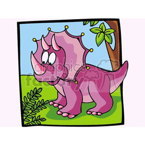 The clipart image features a cartoon of a pink Triceratops. The Triceratops has a large frill with yellow spots and three horns on its face. It's set against a background with green grass at the bottom, and foliage that includes a tree with green leaves and fern-like plants.
