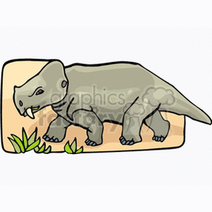 The clipart image features a stylized cartoon representation of a dinosaur that appears to be a theropod, given its bipedal stance and general body shape. The dinosaur is depicted with a grey body, standing on two legs with small arms and sharp claws visible. There are also green leaves at the dinosaur's feet, possibly indicating foliage or its environment.