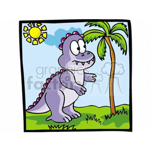   The clipart image features a cartoon representation of a friendly-looking dinosaur standing next to a palm tree. The dinosaur is purple with pink spines and a happy expression. There
