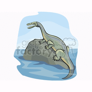 Cartoon Dinosaur on Rock by Water