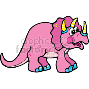 The clipart image shows a cartoon illustration of a pink triceratops standing on all fours. It has its mouth open. 3 horns on its head, which are yellow, blue toenails and it is looking over towards the right 