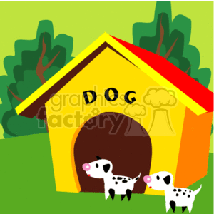 The clipart image shows 2 cartoon dogs standing outside a large kennel with the word "dog" written on it. The dogs appear to be Dalmatians, but could be another breed that has spots. 
