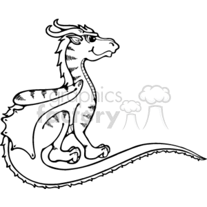   The image depicts a line drawing of a dragon sitting upright with its tail extending out smoothly. Its head is turned slightly to the side, showing a profile view with a somewhat proud or noble expression. The dragon has a pair of horns on its head and wings attached to its back. The style seems to be a mix of playful and storybook, conveying a kind of fantasy or medieval aesthetic, typical for dragon representation. The art style is reminiscent of illustrations one might find in a children