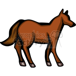 The clipart image shows a stylized illustration of a brown horse with a darker mane and tail. The horse appears to be standing, with its tail slightly lifted, and its hooves are detailed with lighter coloring, suggesting hoofs. The horse's body is depicted with simple, clean lines, giving the impression of a healthy, well-kept farm animal.