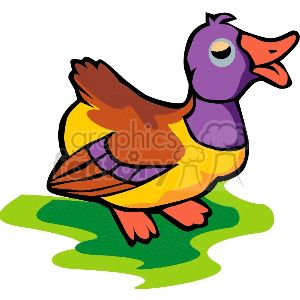 This clipart image depicts a colorful cartoon duck. The duck has purple, brown, and yellow plumage and appears to be standing on a green patch which might represent grass or a small area of a pond.