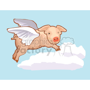 The clipart image features a fanciful depiction of a pig with wings. The pig appears to be flying, its wings spread out, against a light blue background with a fluffy white cloud beneath it.