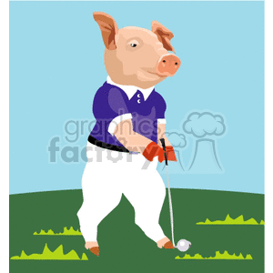 The image is a clipart illustration of a pig standing upright like a human, dressed in a golf outfit and poised to swing at a golf ball. The pig is on a grassy surface which suggests a golf course setting.