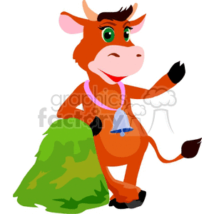 The image is a clipart illustration of a cartoon cow. The cow is orange with white spots and has a friendly expression, wearing a bell around its neck and is standing next to a green, hay-like mound. The cow is also raising its right hoof as if waving or greeting.