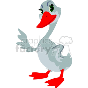 The clipart image depicts a cartoon representation of a swan. The swan is stylized with a friendly and welcoming appearance, featuring a large red-orange beak, red webbed feet, and grey feathers. Its wings are slightly raised as if gesturing or waving, and it has expressive eyes with long eyelashes, adding to its anthropomorphized character.