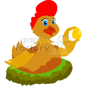 The clipart image depicts a cartoon chicken with a reddish crest sitting on a green nest. The chicken is holding a yellow egg in one wing. 