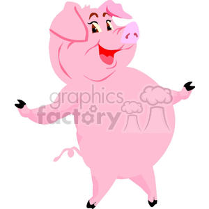The image is a clipart illustration of a happy, cartoonish pink pig. The pig appears to be standing upright on its hind legs, with its front legs spread out as if gesturing or dancing. It has a big smile and a playful, cheerful expression on its face.